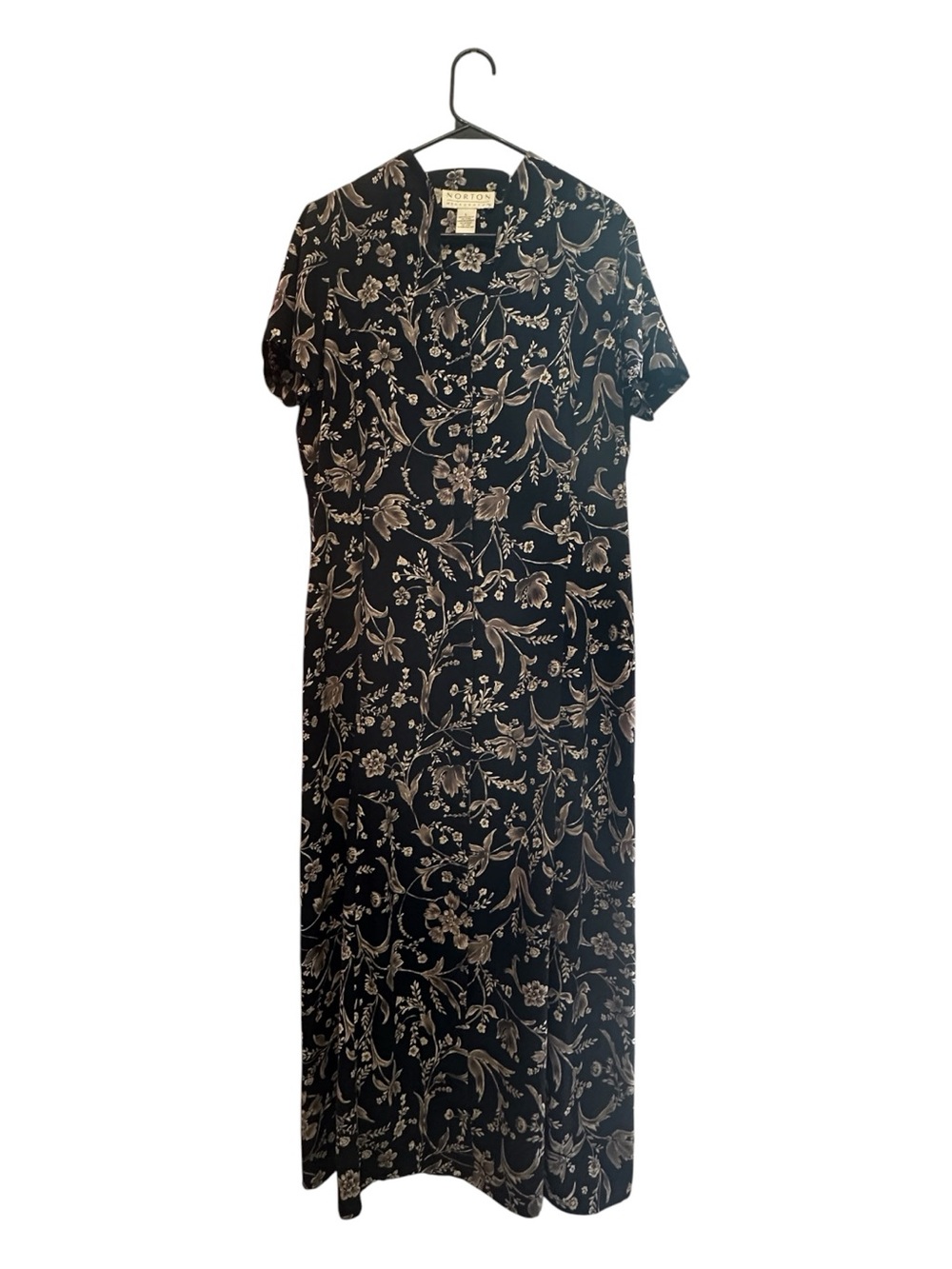 Vintage 90’s Norton McNaughton Black Maxi Dress with Cream Floral Print Large
